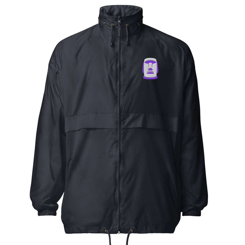 Coupe-vent bleu marine logo Moaï brodé violet blanc Île de Pâques