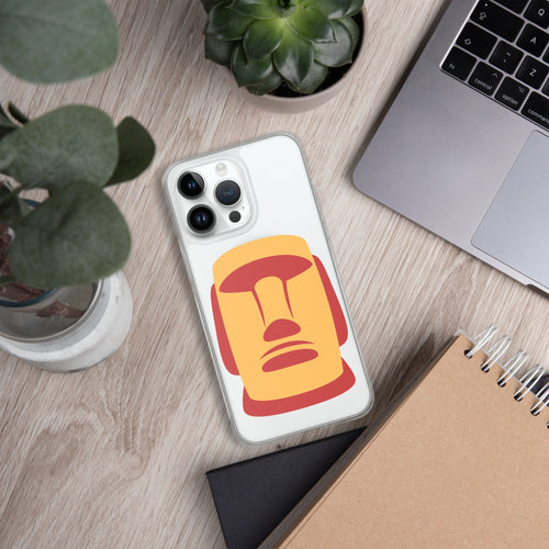 Coque transparente iPhone 14 Pro Max avec MagSafe® et illustration moaï orange et rouge minimaliste