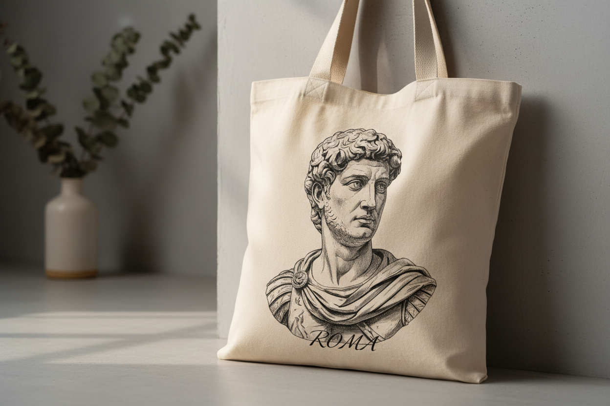 Montrer un tote bag avec un motif de statue romaine
