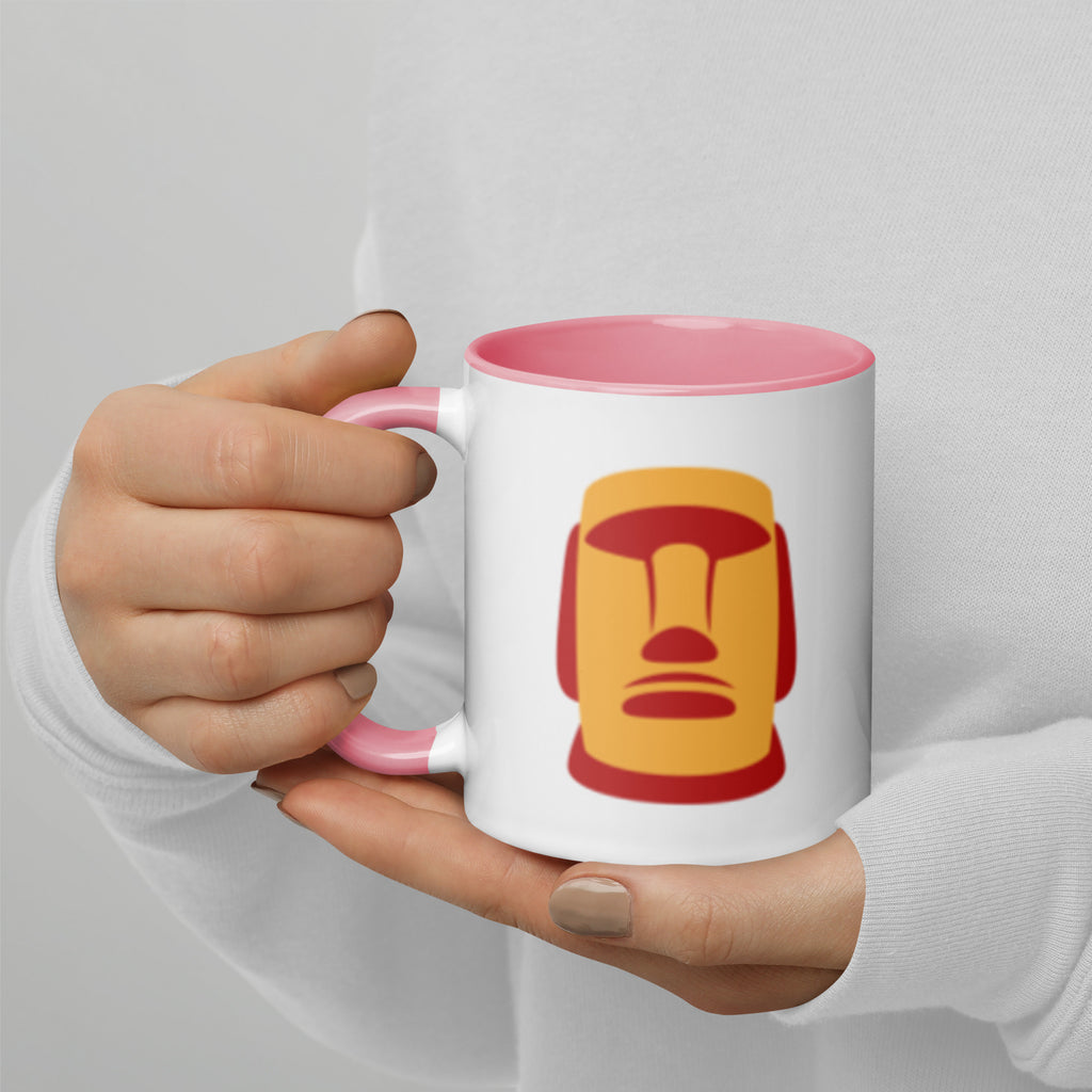 Mug blanc illustration Moaï orange statue Île de Pâques anse rose