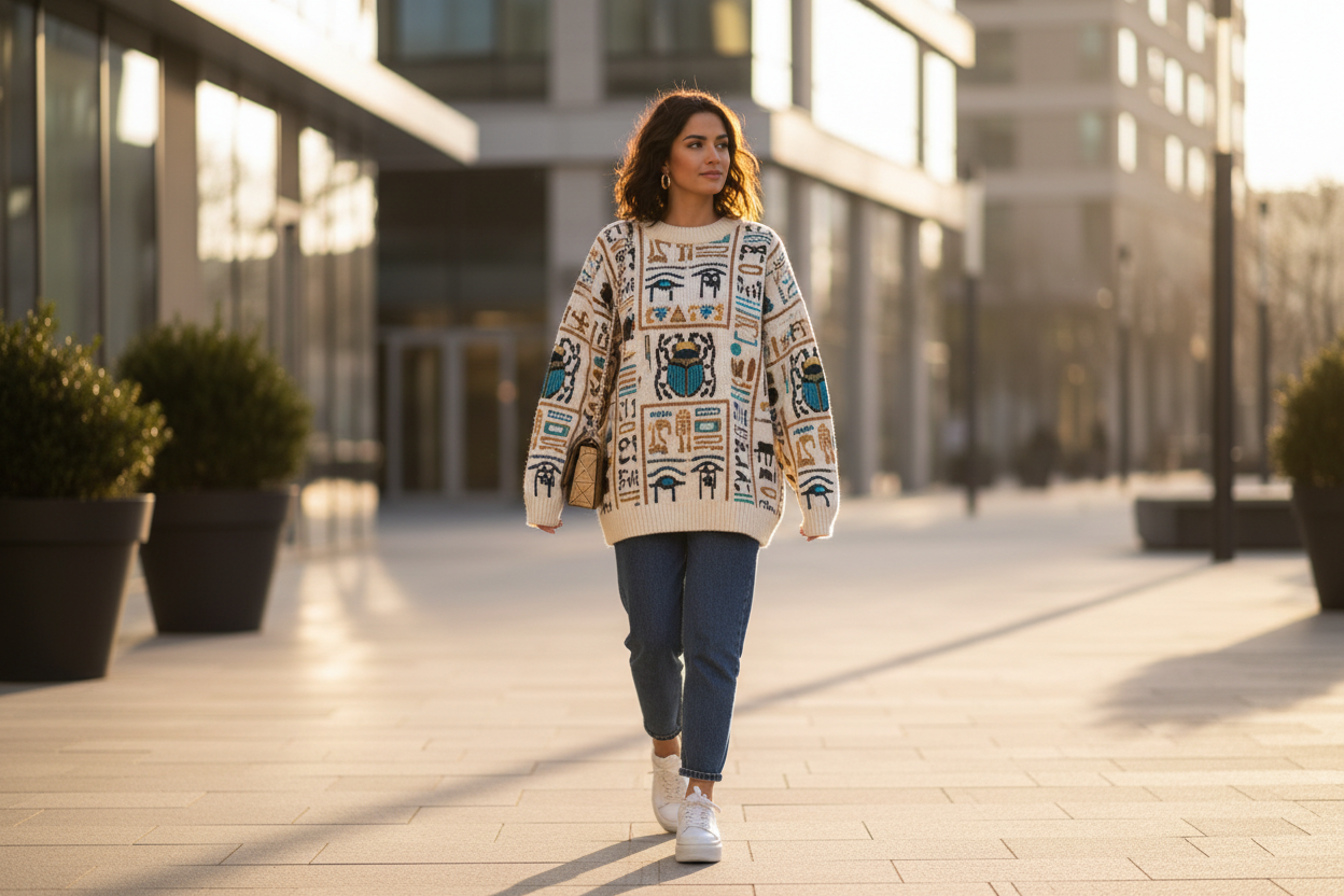 plutot une femme de notre temps qui porte un pull avec un motif de l'egypte antique