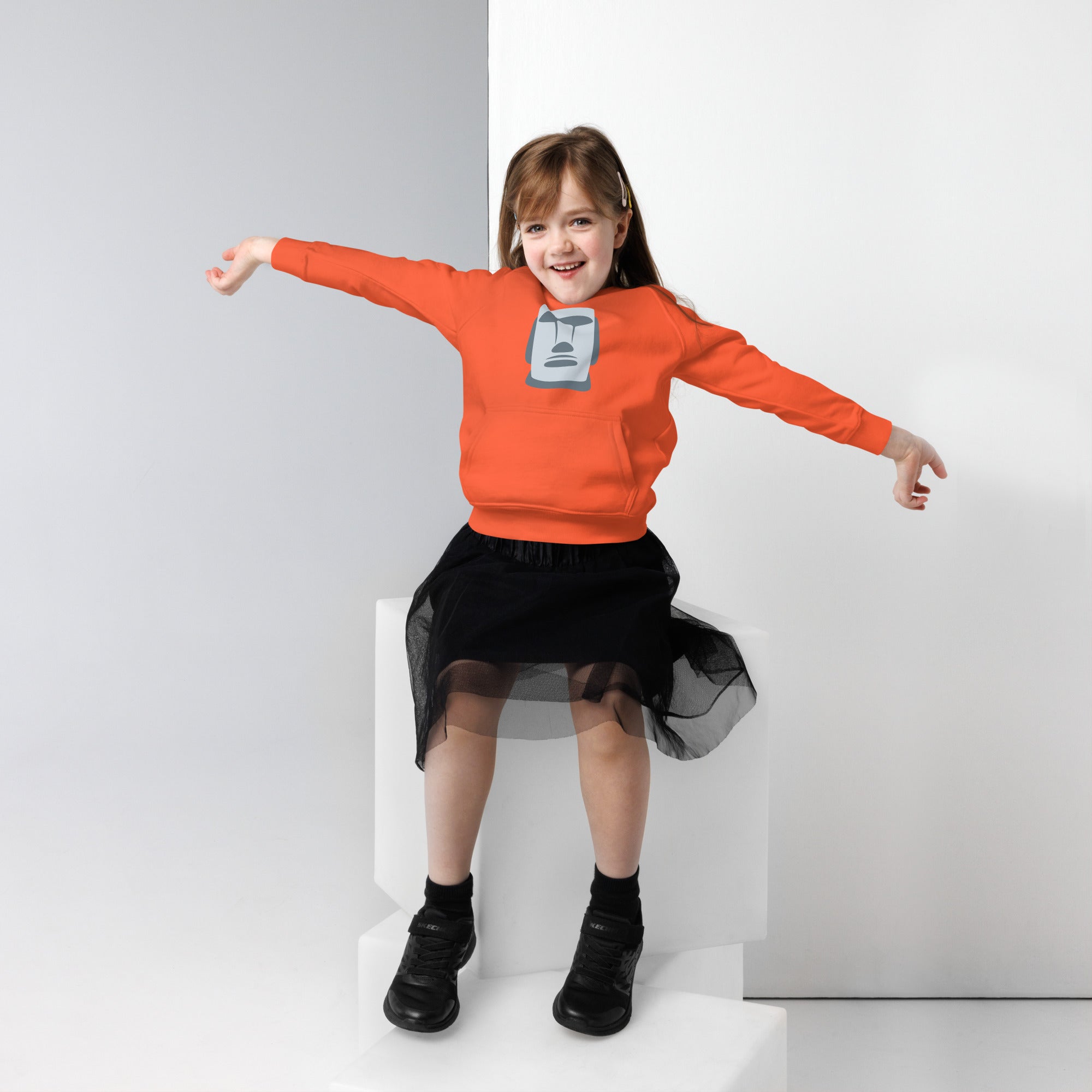 Sweat enfant orange illustration Moaï gris statue Île de Pâques