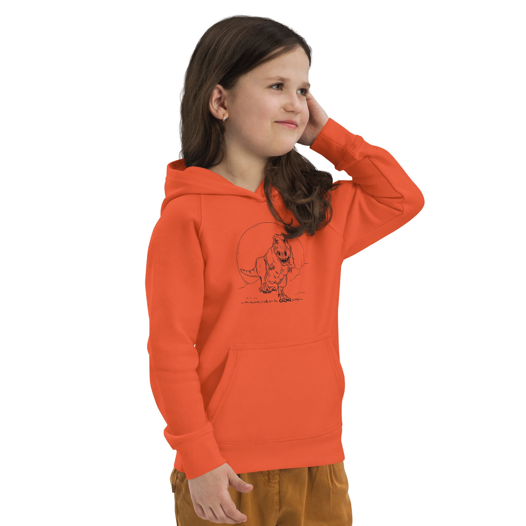 Sweat orange présenté côté illustration Tyrannosaure Rex dessin ligne dinosaure paléontologie