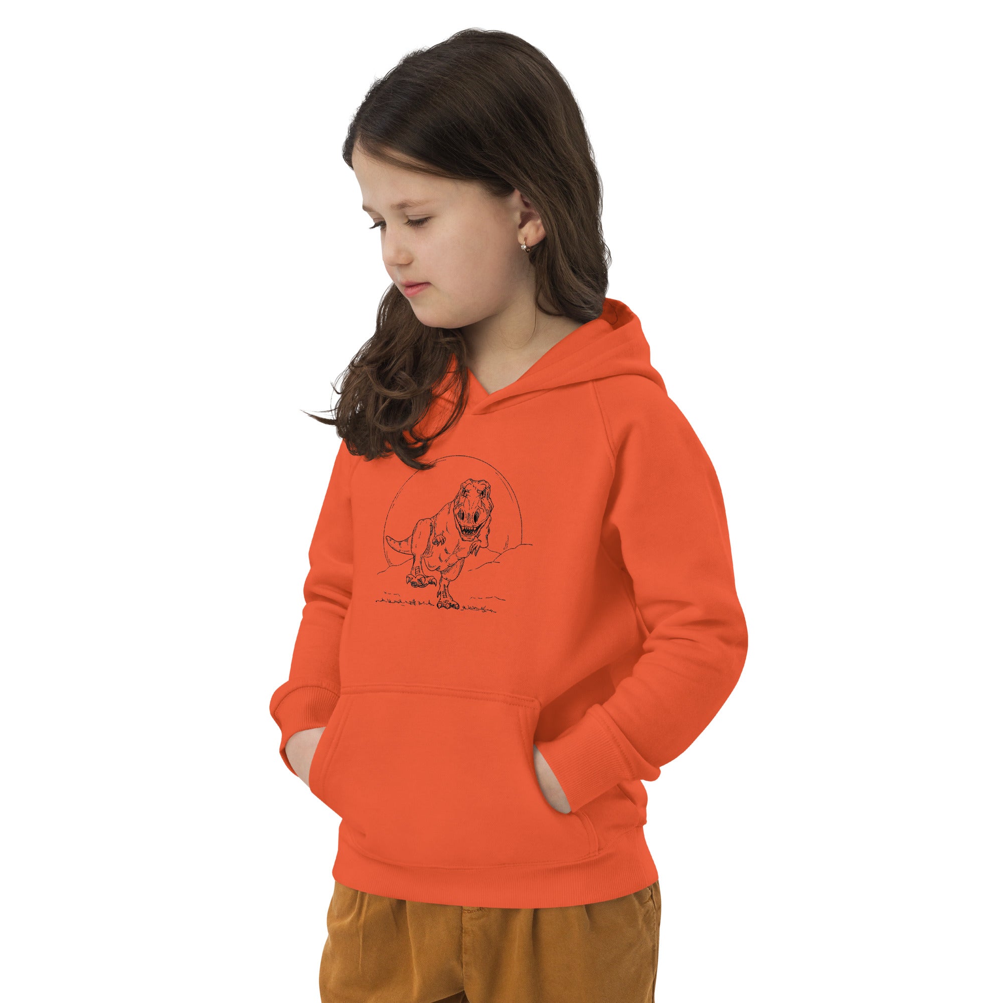 Sweat orange présenté côté gauche illustration Tyrannosaure Rex dessin ligne dinosaure paléontologie
