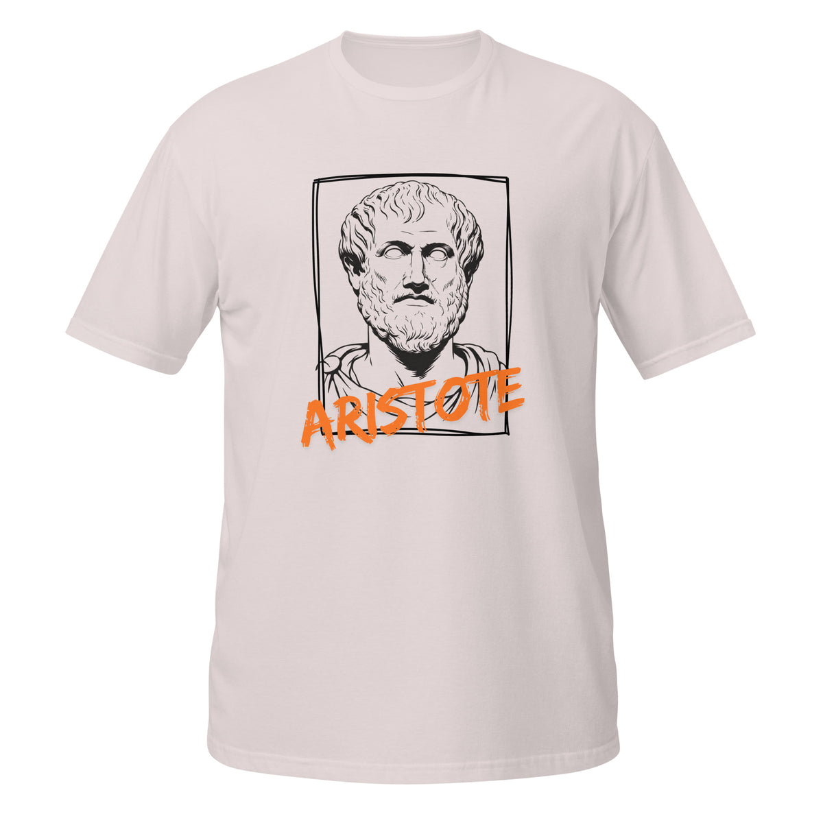 T-shirt avec portrait croquis d'Aristote encadré d'un trait dessiné à la main et son nom écrit en typographie graffiti orange