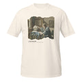T-shirt beige clair avec motif de L'Astronome de Vermeer, effet papier déchiré, texte L'Astronome, 1668