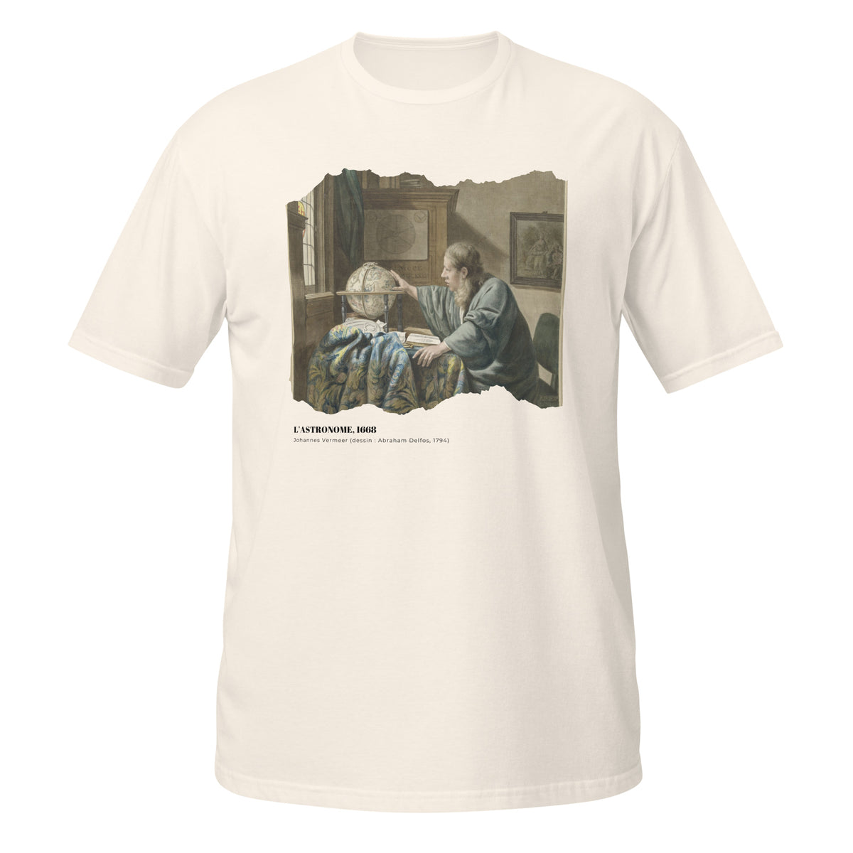 T-shirt beige clair avec motif de L'Astronome de Vermeer, effet papier déchiré, texte L'Astronome, 1668
