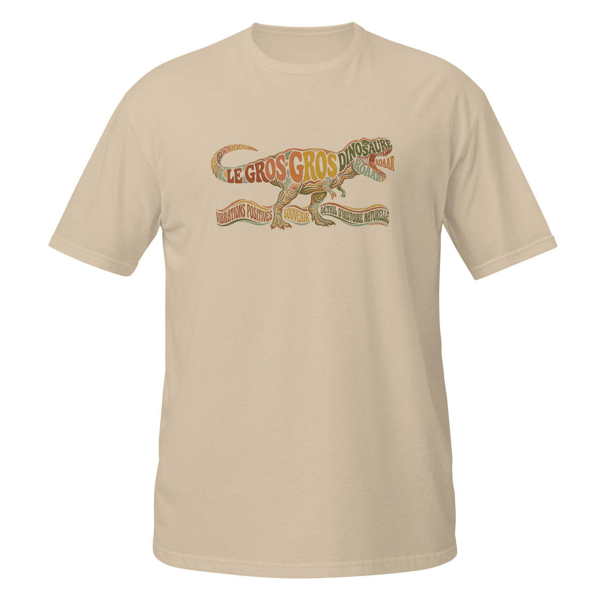 T-shirt beige dinosaure au design typographique rétro "Le Gros Gros Dinosaure" avec T-Rex coloré