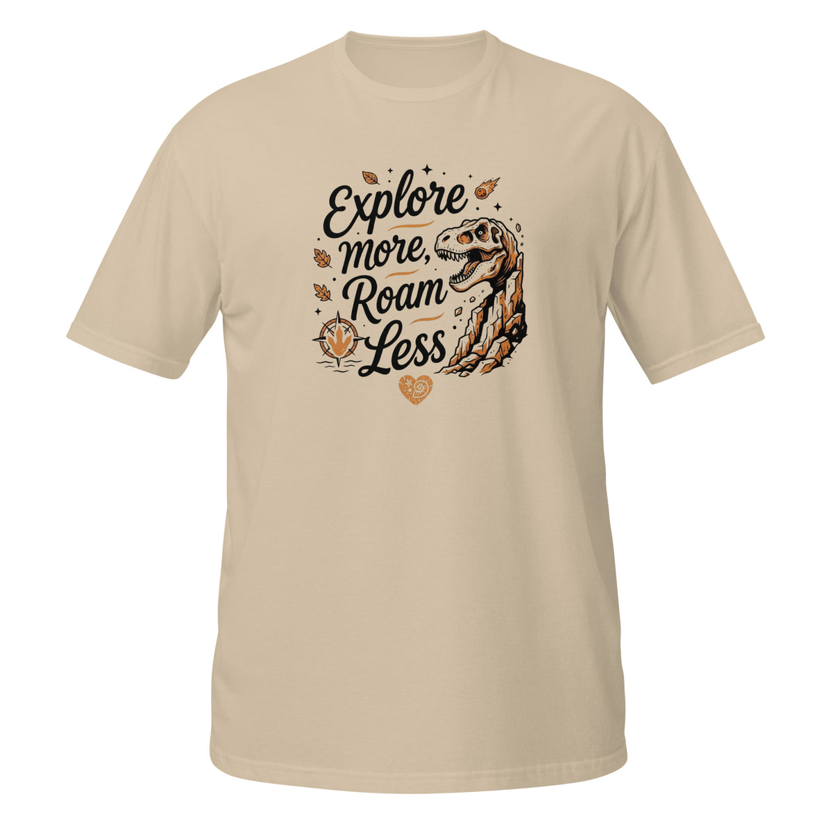 T-shirt beige à manches courtes avec illustration T-Rex fossile et texte "Explore more, roam less"