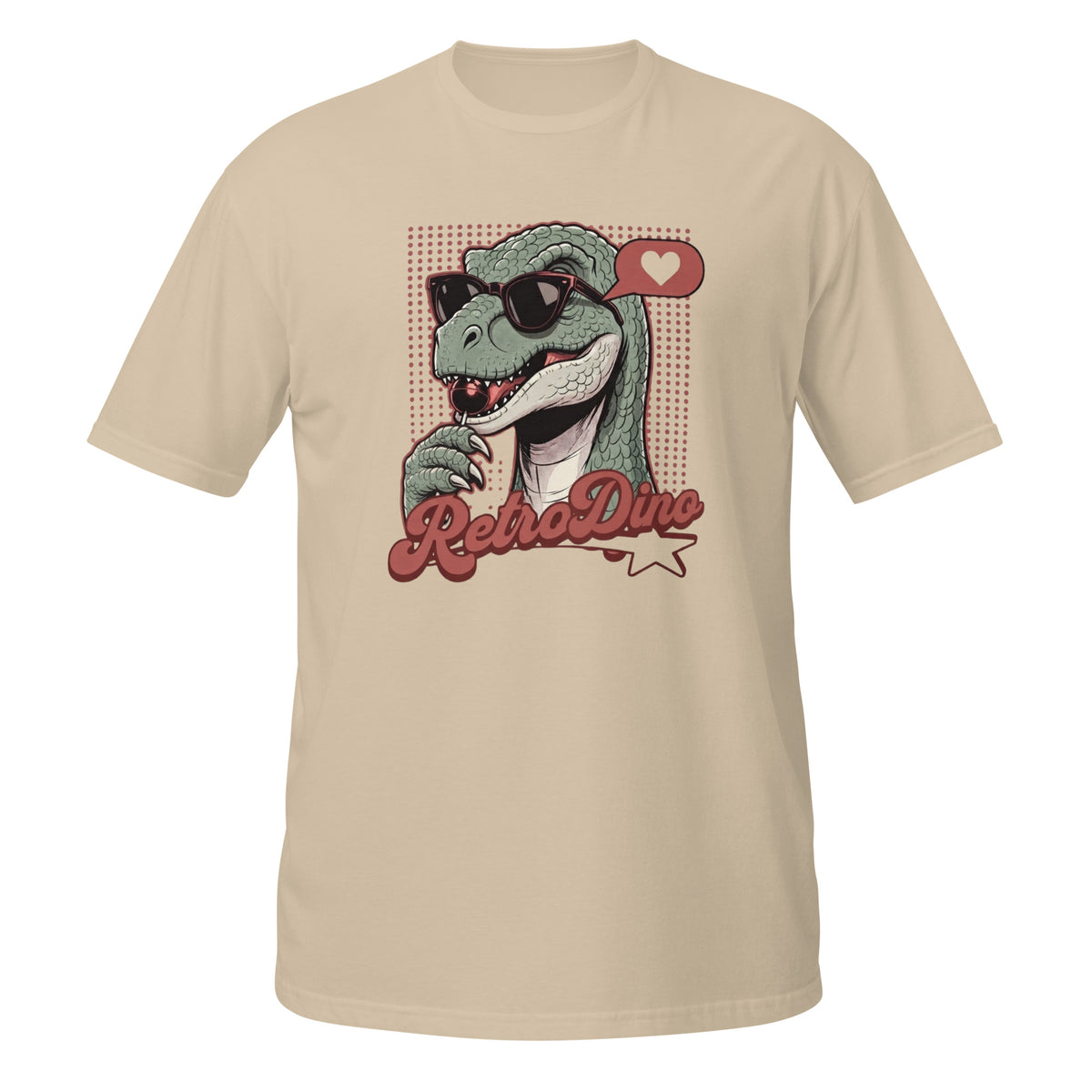 T-shirt beige avec illustration rétro d'un dinosaure à lunettes de soleil et texte "RetroDino"