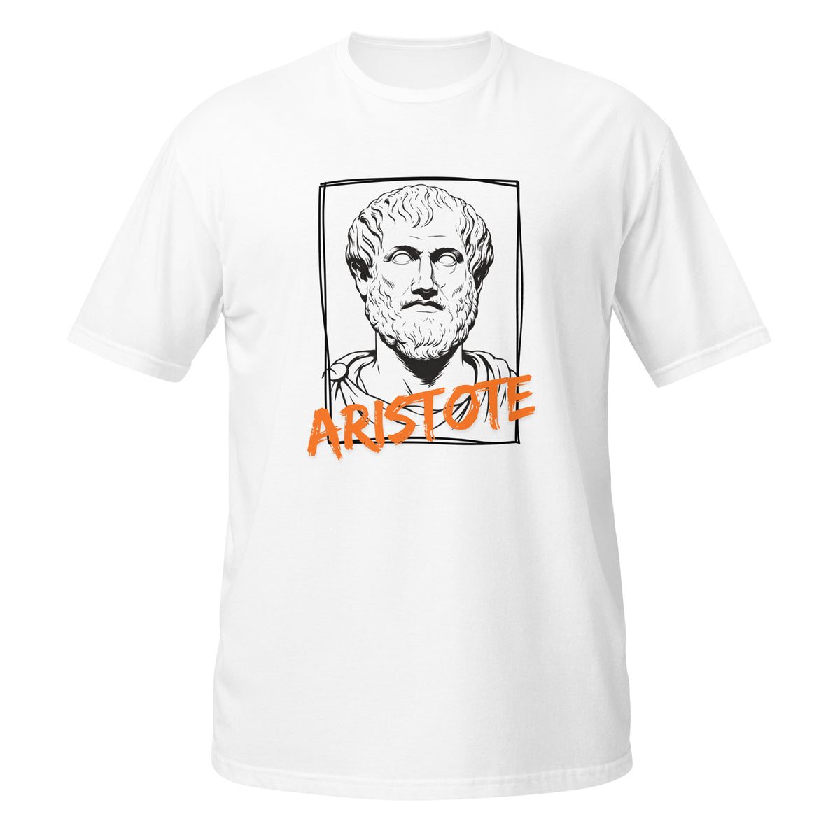 T-shirt blanc avec portrait croquis d'Aristote encadré d'un trait dessiné à la main et son nom écrit en typographie graffiti orange