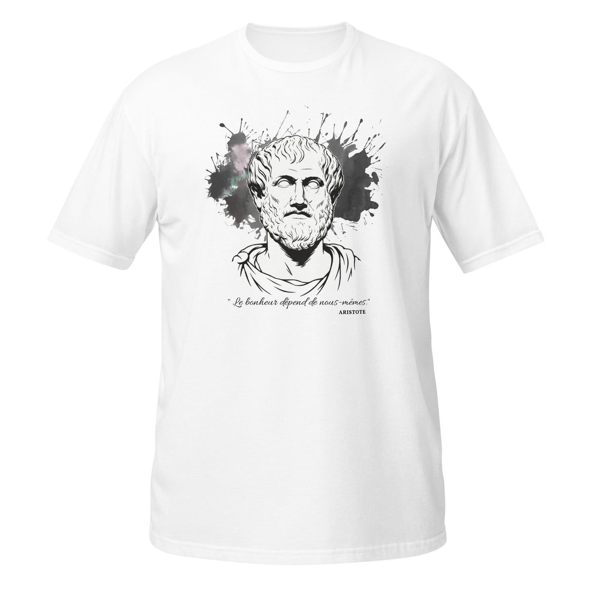 T-shirt blanc avec buste antique d'Aristote, éclaboussures d'encre en arrière-plan et citation "Le bonheur dépend de nous-mêmes"