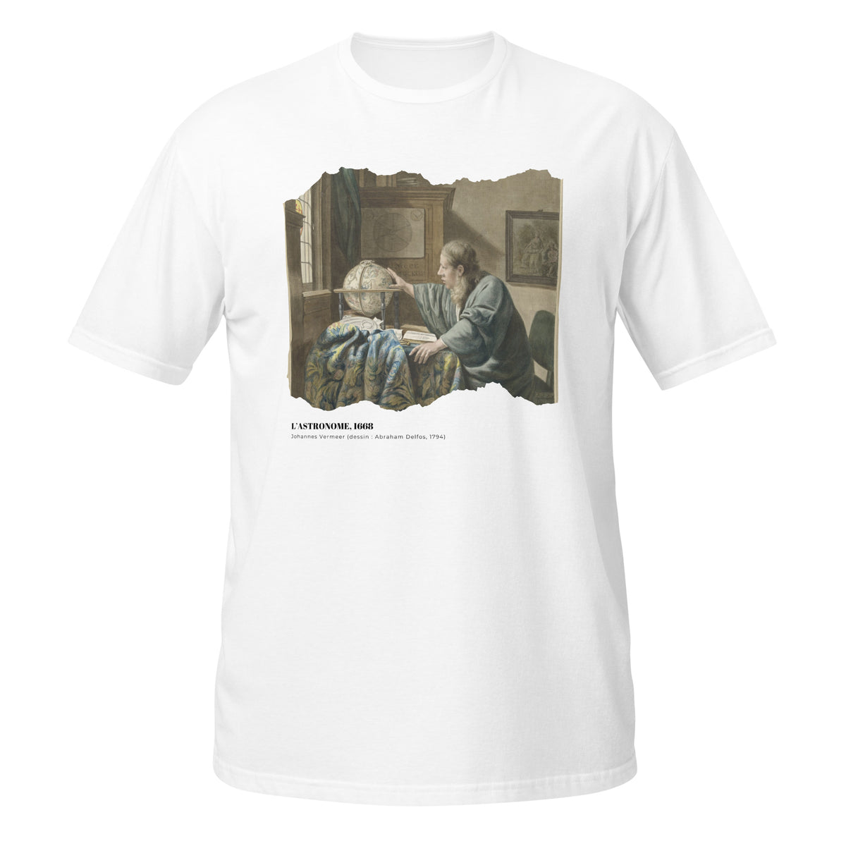 T-shirt blanc avec motif de "L'Astronome" de Vermeer, effet papier déchiré, texte "L'Astronome, 1668"