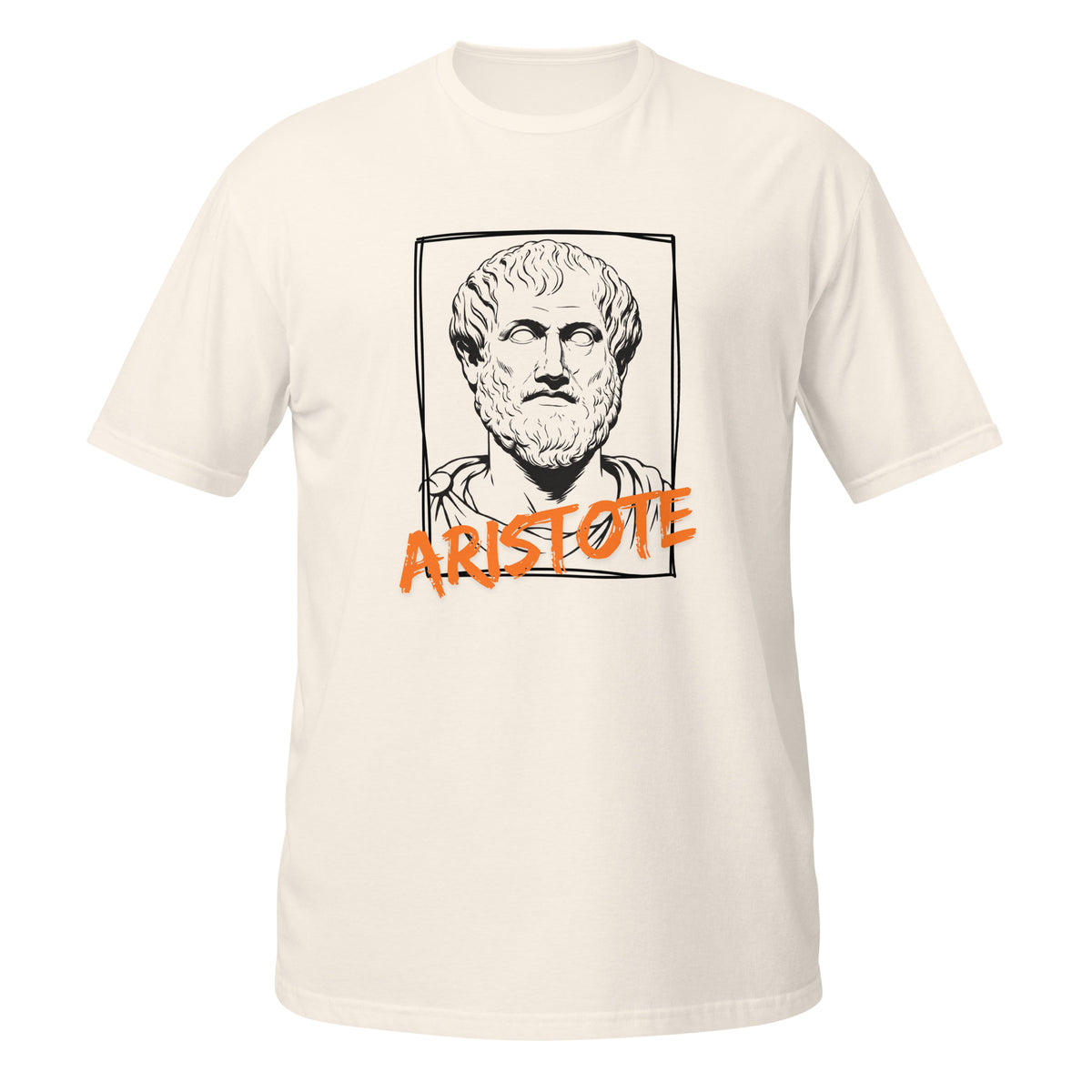 T-shirt blanc cassé avec portrait croquis d'Aristote encadré d'un trait dessiné à la main et son nom écrit en typographie graffiti orange