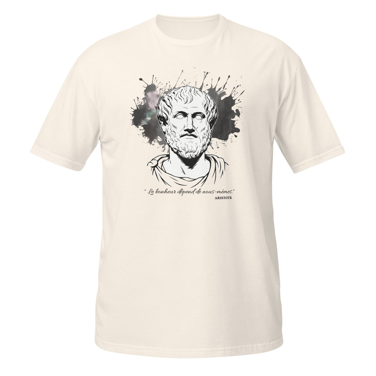 T-shirt blanc cassé avec buste antique d'Aristote, éclaboussures d'encre en arrière-plan et citation "Le bonheur dépend de nous-mêmes"
