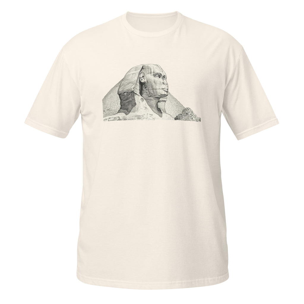 T-shirt blanc cassé avec illustration au crayon du Sphinx de Gizeh et des pyramides d'Égypte