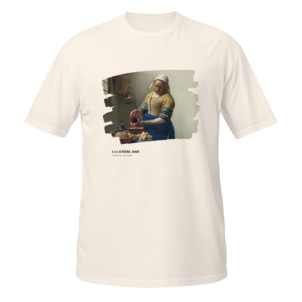 T-shirt blanc cassé avec reproduction du tableau "La Laitière" de Johannes Vermeer, effet toile déchirée
