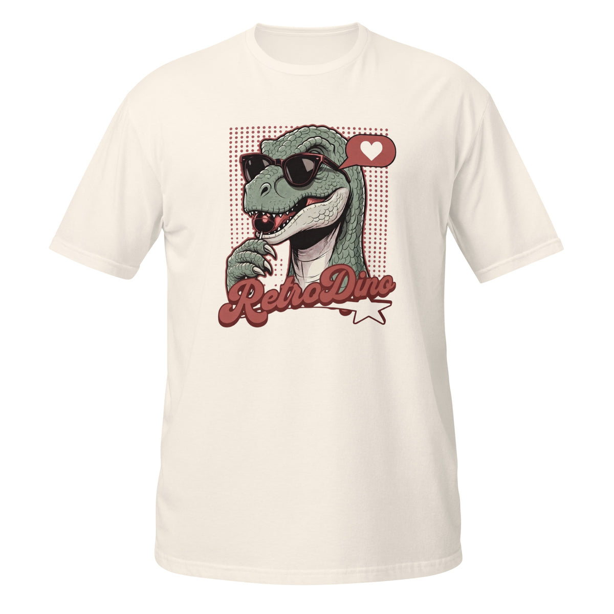 T-shirt blanc avec illustration rétro d'un dinosaure à lunettes de soleil et texte "RetroDino"