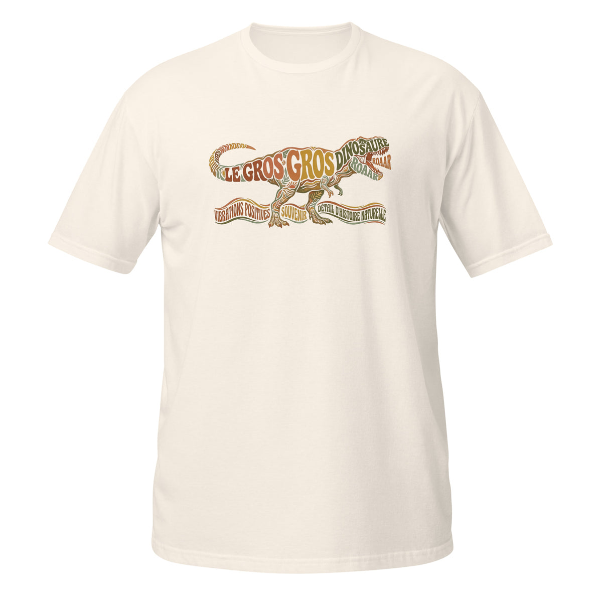 T-shirt blanc dinosaure au design typographique rétro "Le Gros Gros Dinosaure" avec T-Rex coloré