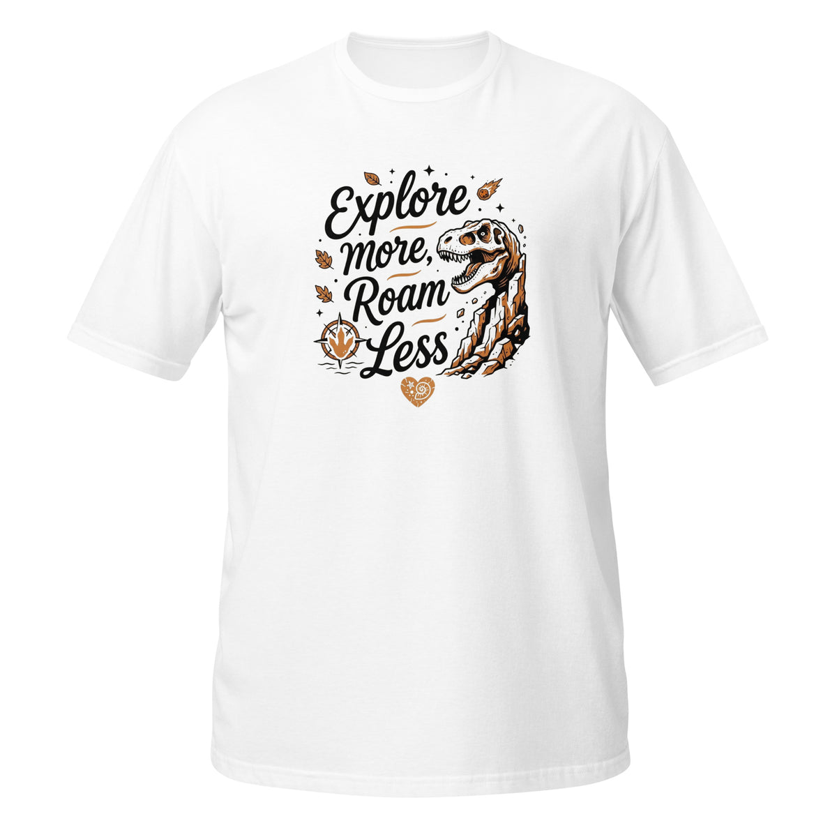T-shirt blanc à manches courtes avec illustration T-Rex fossile et texte "Explore more, roam less"