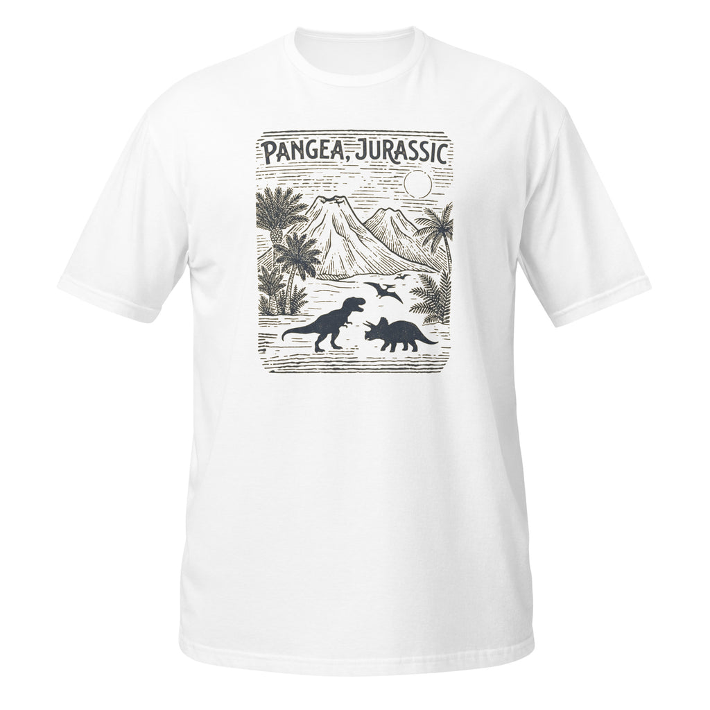 T-shirt blanc avec illustration style gravure de T-Rex, Tricératops et volcans, motif "Pangea, Jurassic"
