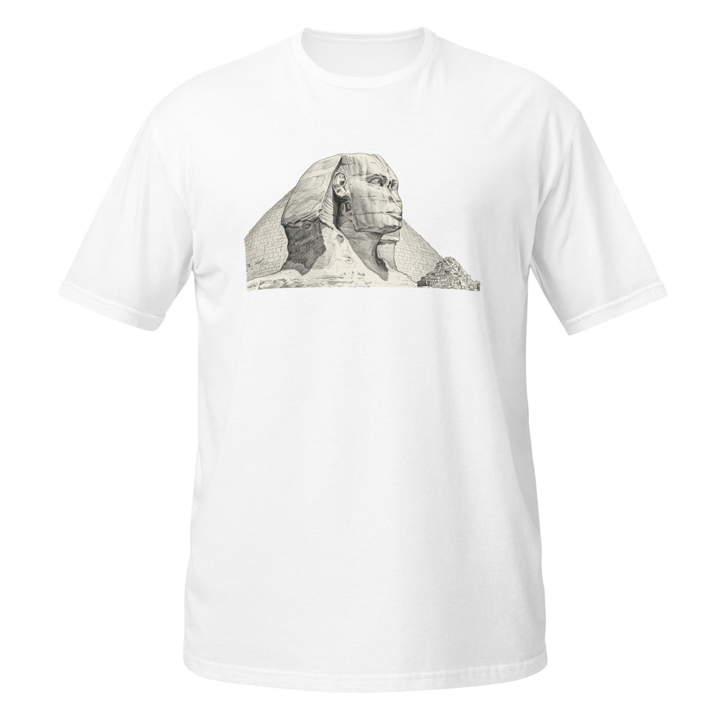 T-shirt blanc avec illustration au crayon du Sphinx de Gizeh et des pyramides d'Égypte