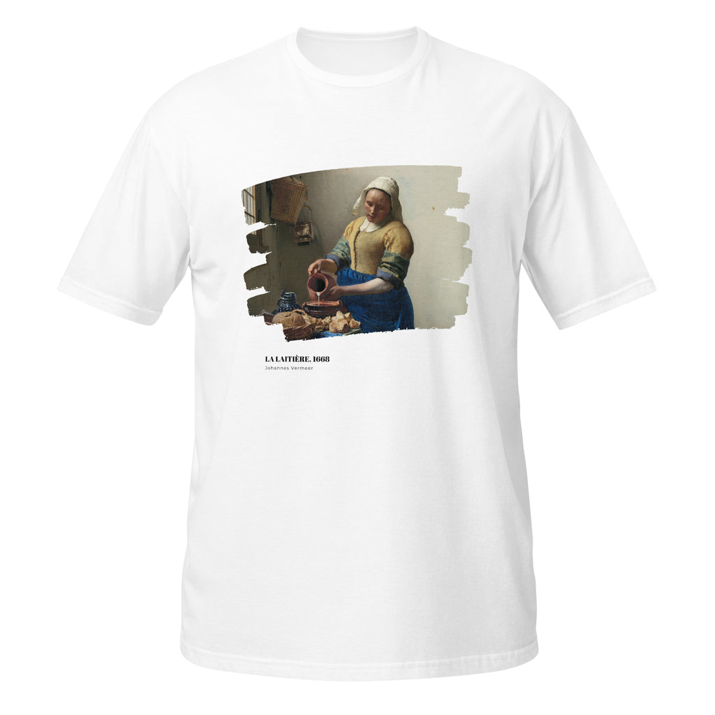 T-shirt blanc avec reproduction du tableau "La Laitière" de Johannes Vermeer, effet toile déchirée