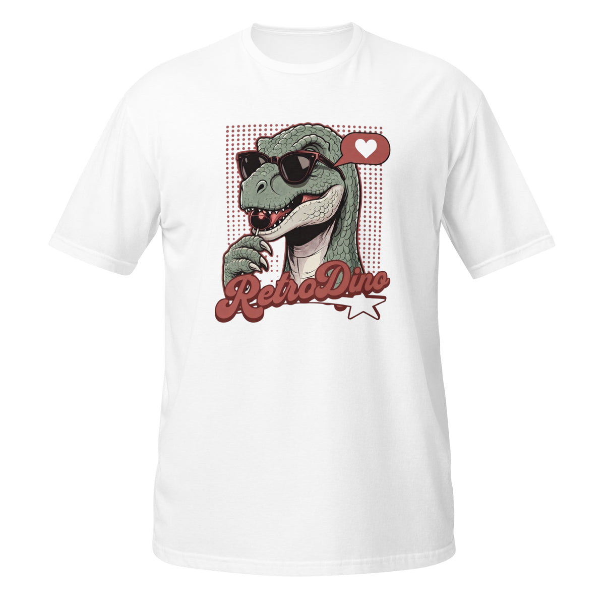 T-shirt blanc avec illustration rétro d'un dinosaure à lunettes de soleil et texte "RetroDino"