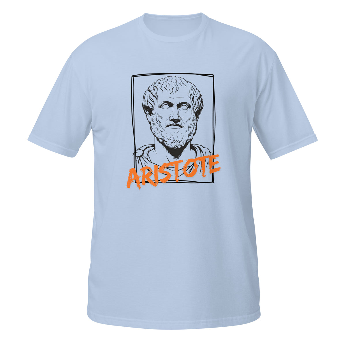 T-shirt bleu clair avec portrait croquis d'Aristote encadré d'un trait dessiné à la main et son nom écrit en typographie graffiti orange