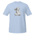 T-shirt bleu ciel avec illustration d'une statuette d'angelot en pierre, assis et le menton posé sur les mains, regard tourné vers le ciel