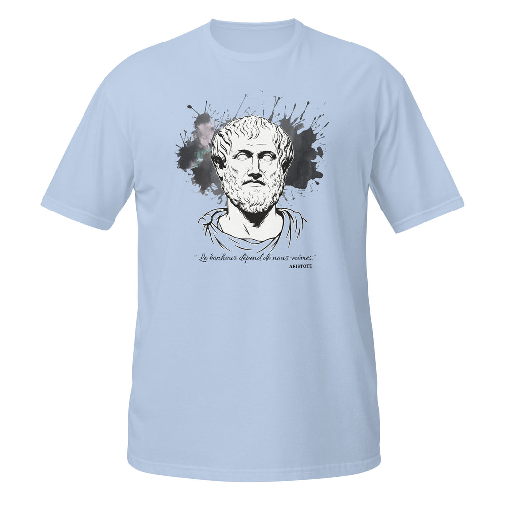 T-shirt bleu avec buste antique d'Aristote, éclaboussures d'encre en arrière-plan et citation "Le bonheur dépend de nous-mêmes"