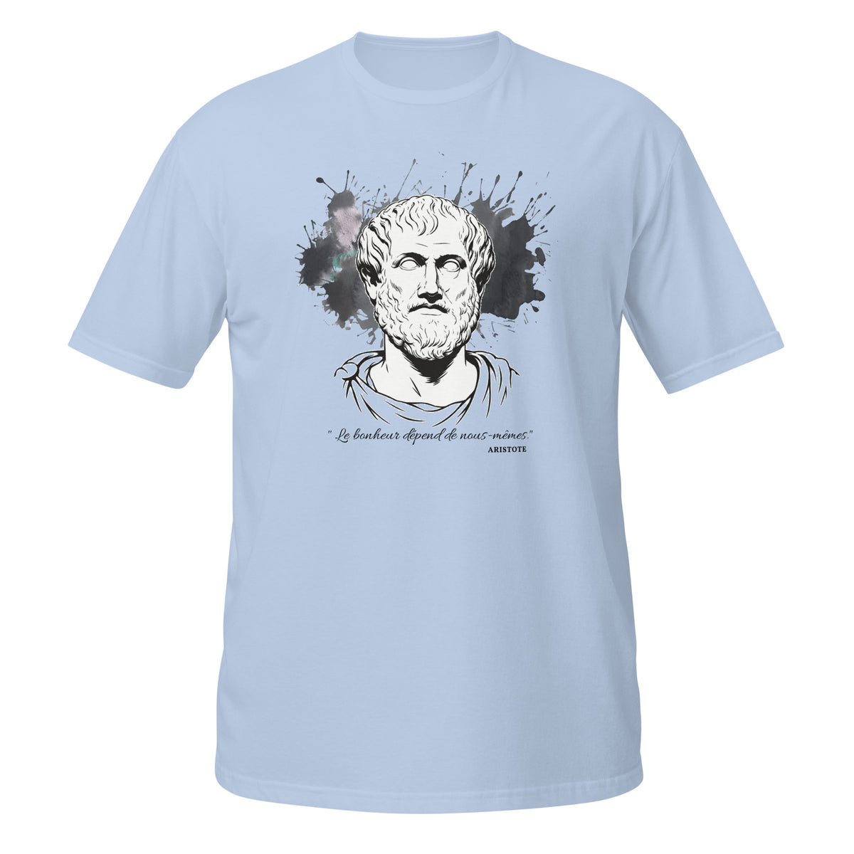 T-shirt bleu avec buste antique d'Aristote, éclaboussures d'encre en arrière-plan et citation "Le bonheur dépend de nous-mêmes"