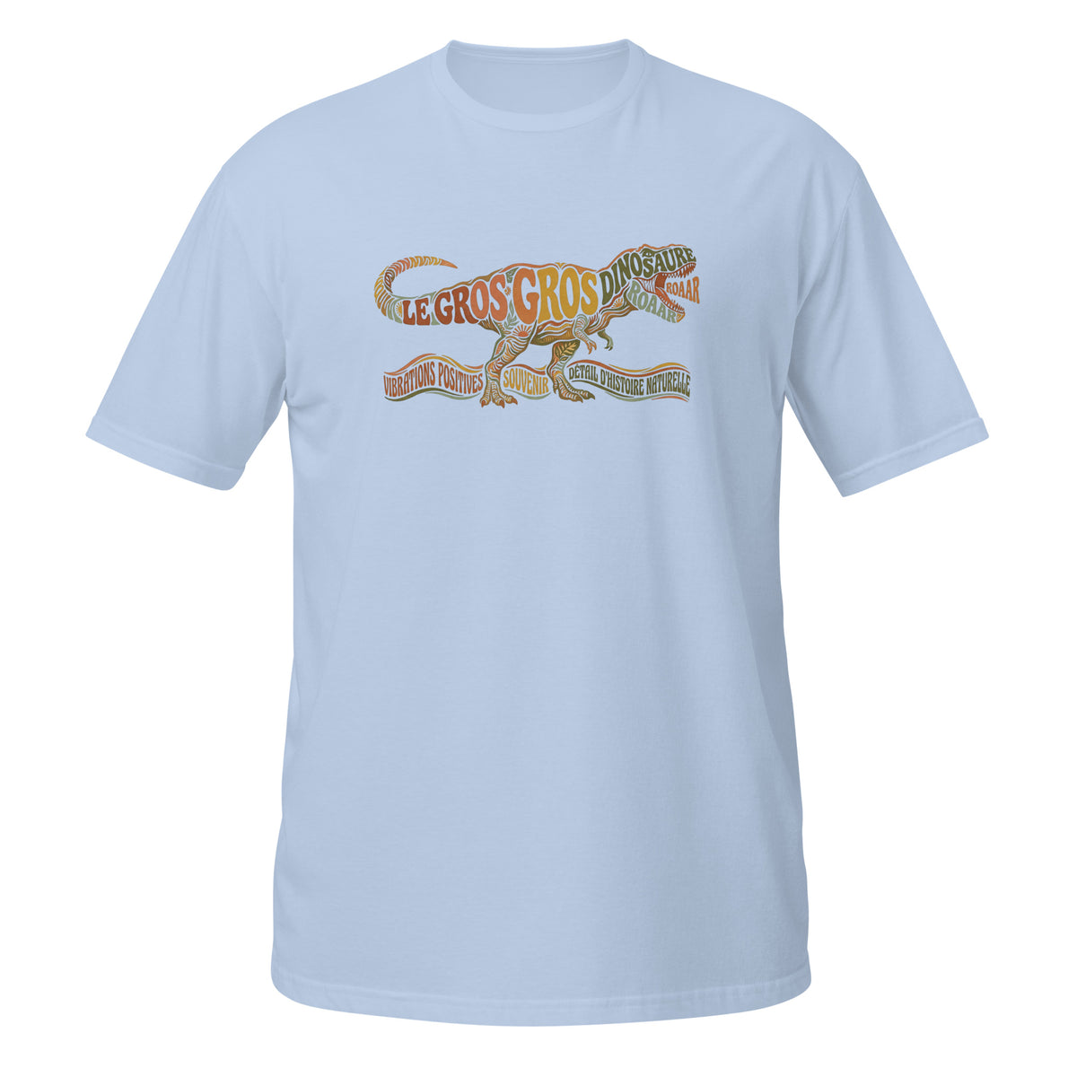 T-shirt bleu clair dinosaure au design typographique rétro "Le Gros Gros Dinosaure" avec T-Rex coloré