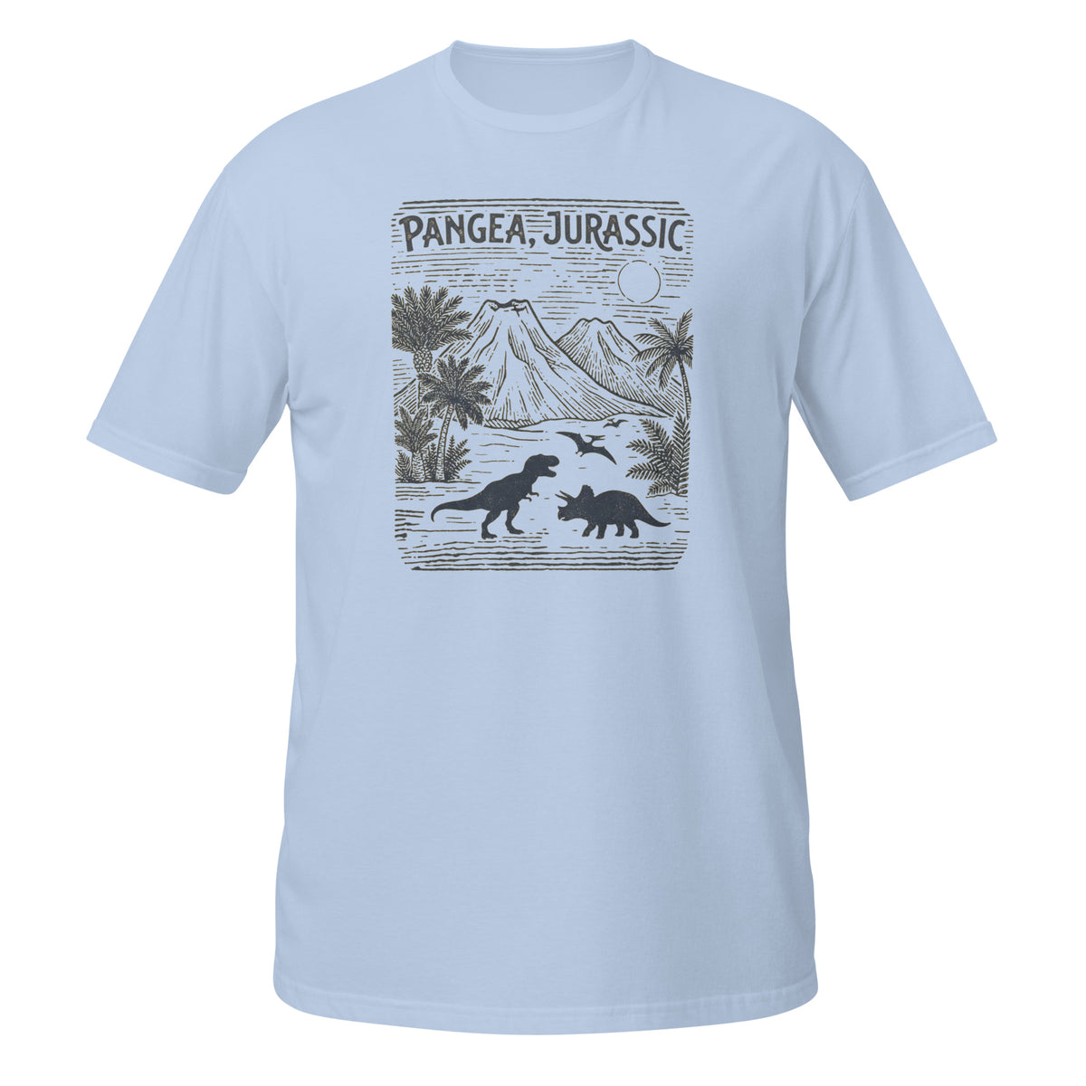 T-shirt bleu avec illustration style gravure de T-Rex, Tricératops et volcans, motif "Pangea, Jurassic"