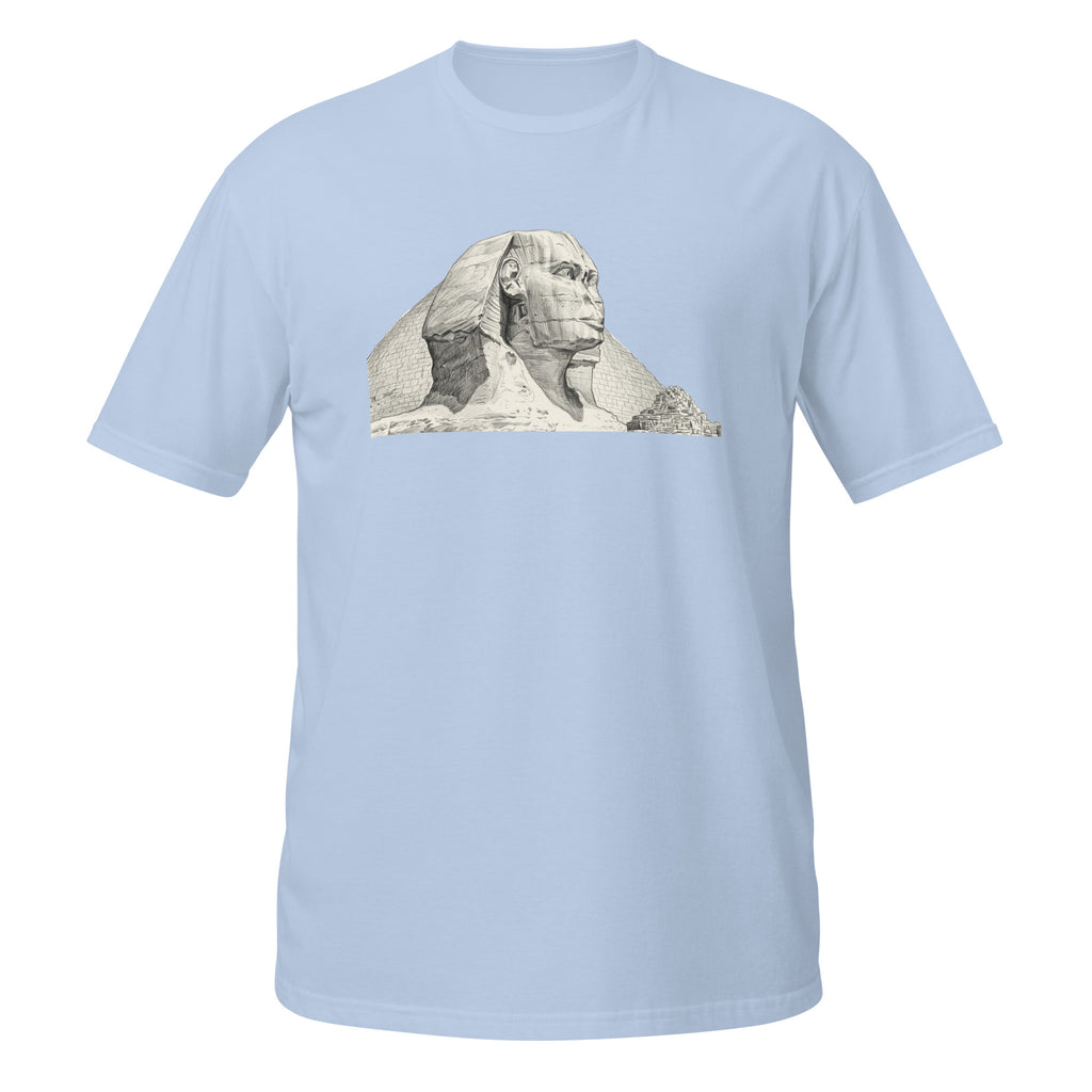 T-shirt bleu avec illustration au crayon du Sphinx de Gizeh et des pyramides d'Égypte