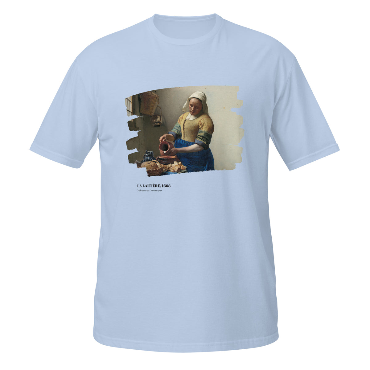 T-shirt bleu avec reproduction du tableau "La Laitière" de Johannes Vermeer, effet toile déchirée