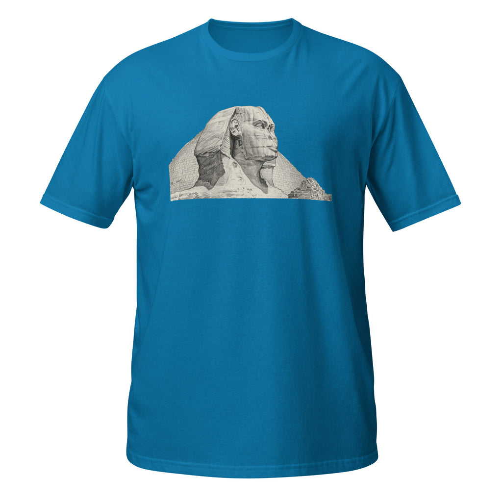 T-shirt bleu avec illustration au crayon du Sphinx de Gizeh et des pyramides d'Égypte