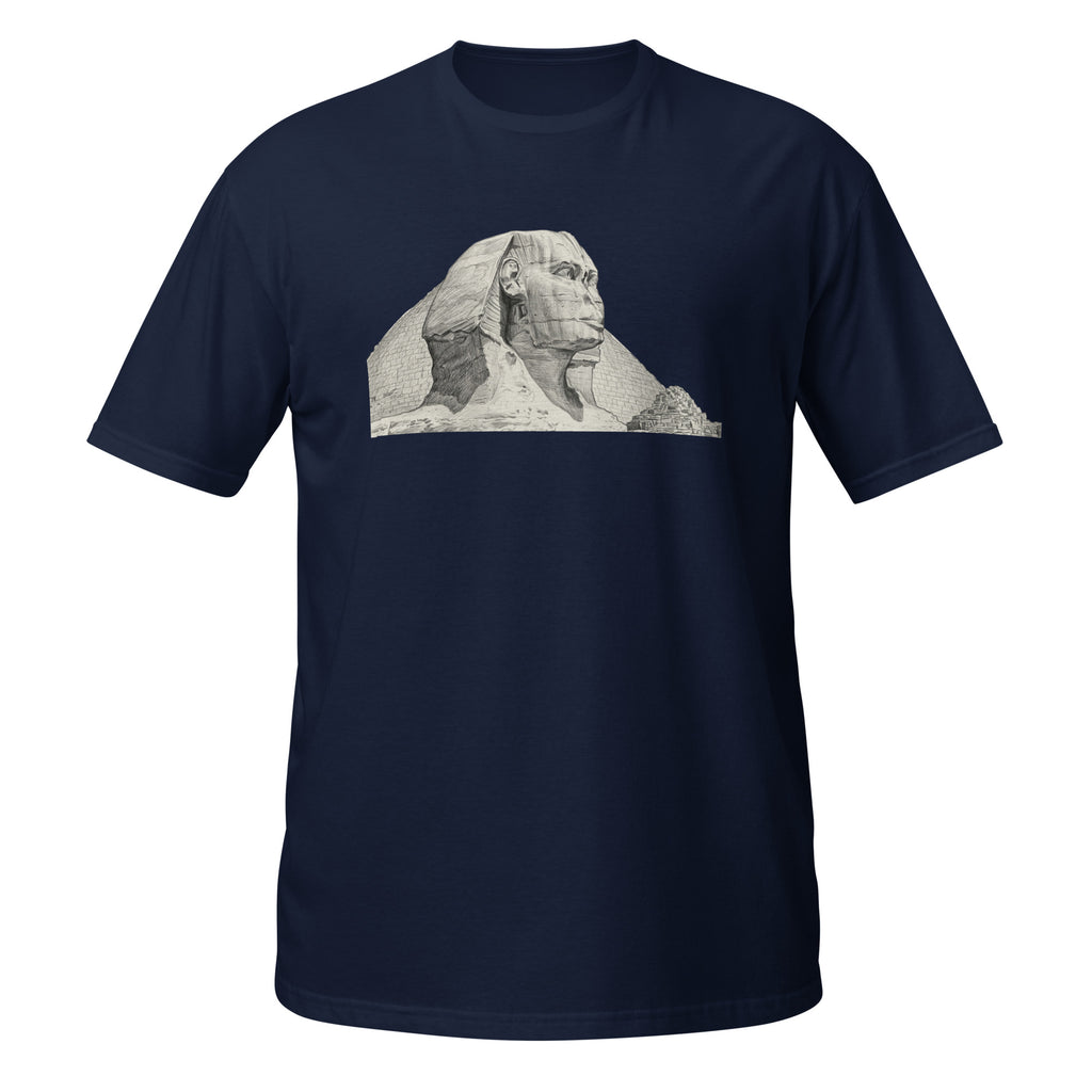 T-shirt bleu marine avec illustration au crayon du Sphinx de Gizeh et des pyramides d'Égypte