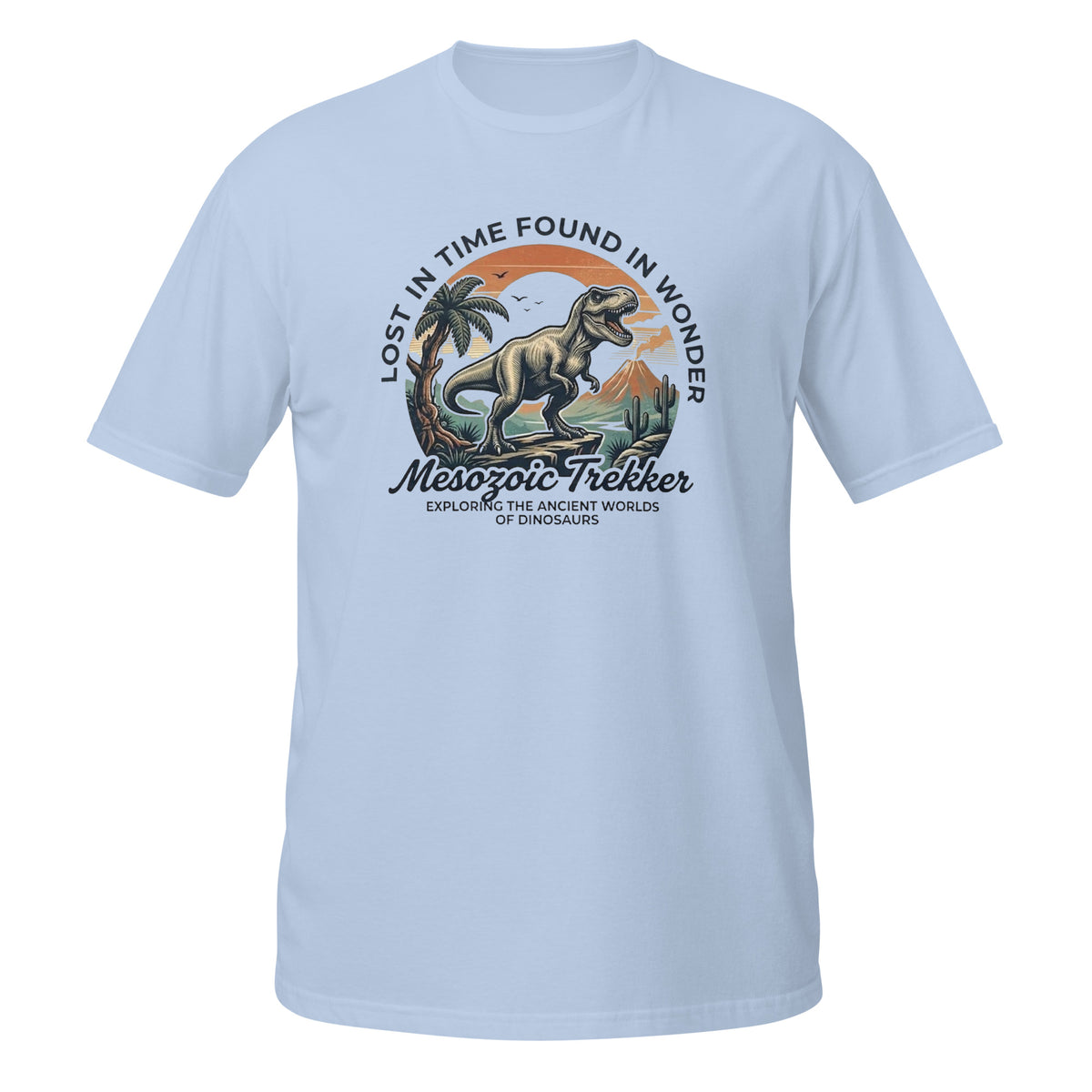 T-shirt bleu avec illustration badge circulaire T-Rex "Mesozoic Trekker" et texte "Lost in time, found in wonder"