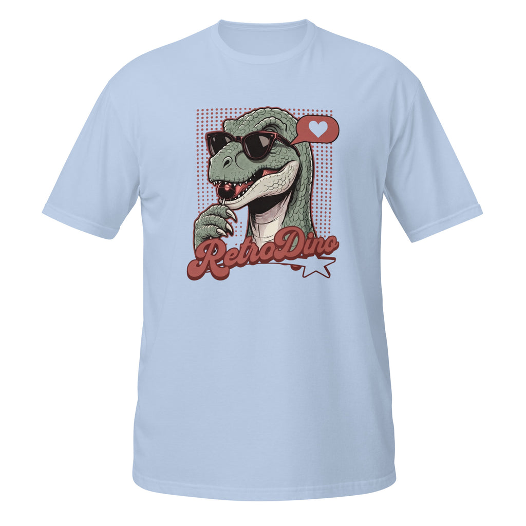 T-shirt bleu avec illustration rétro d'un dinosaure à lunettes de soleil et texte "RetroDino"