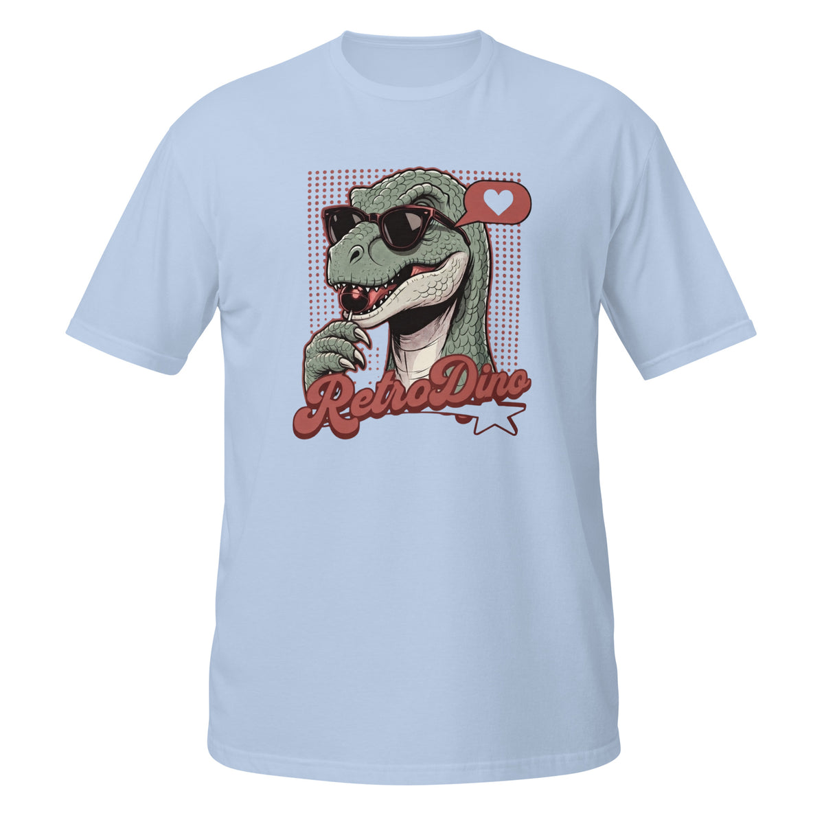 T-shirt bleu avec illustration rétro d'un dinosaure à lunettes de soleil et texte "RetroDino"