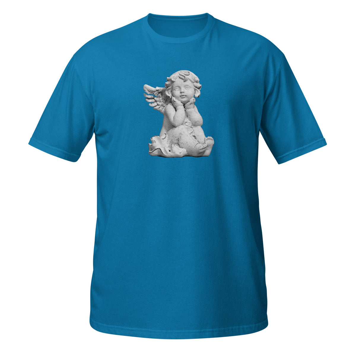 T-shirt bleu avec illustration d'une statuette d'angelot en pierre, assis et le menton posé sur les mains, regard tourné vers le ciel