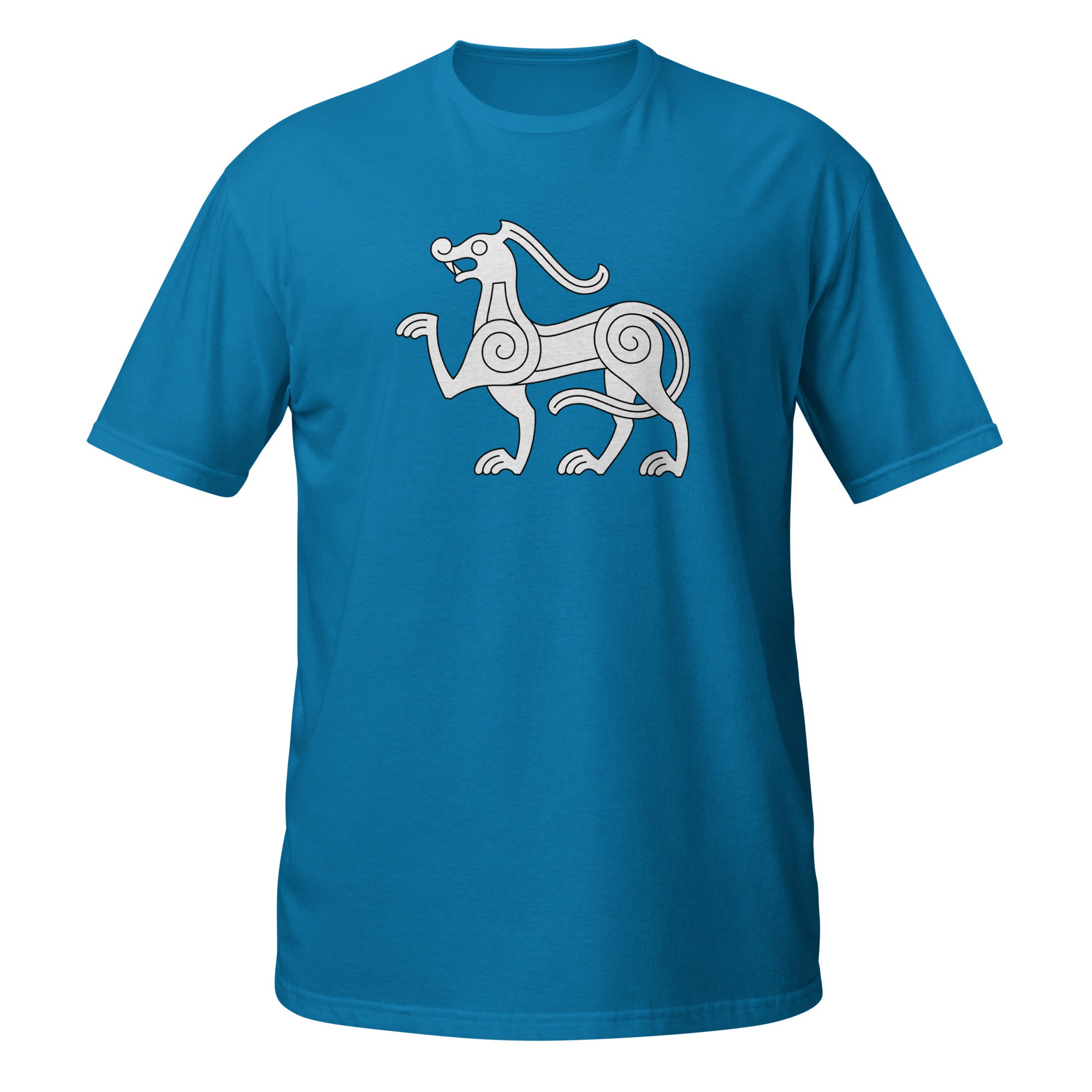 T-shirt bleu créature viking entrelacs spirales blanc