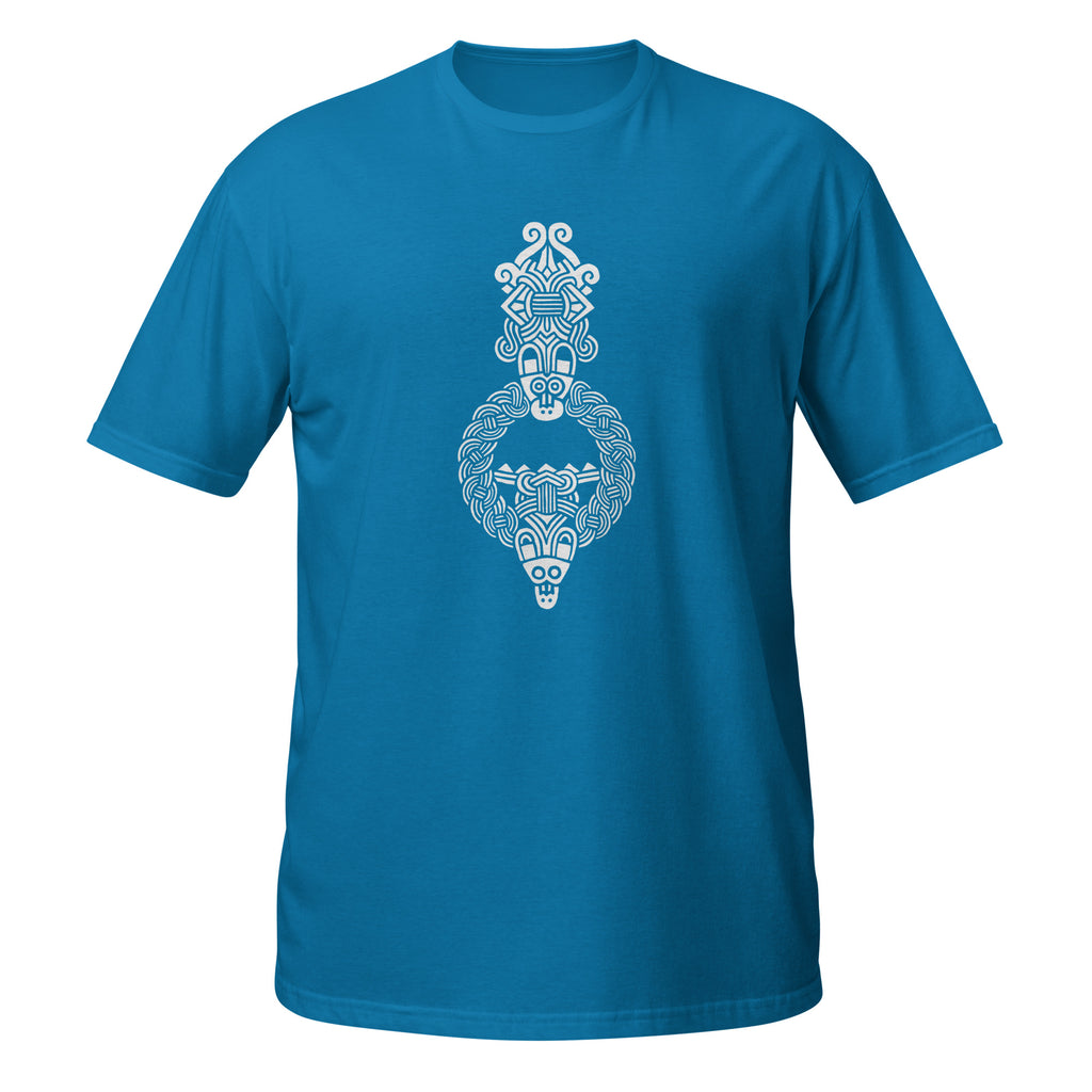 T-shirt bleu motif viking entrelacs vertical nordique blanc
