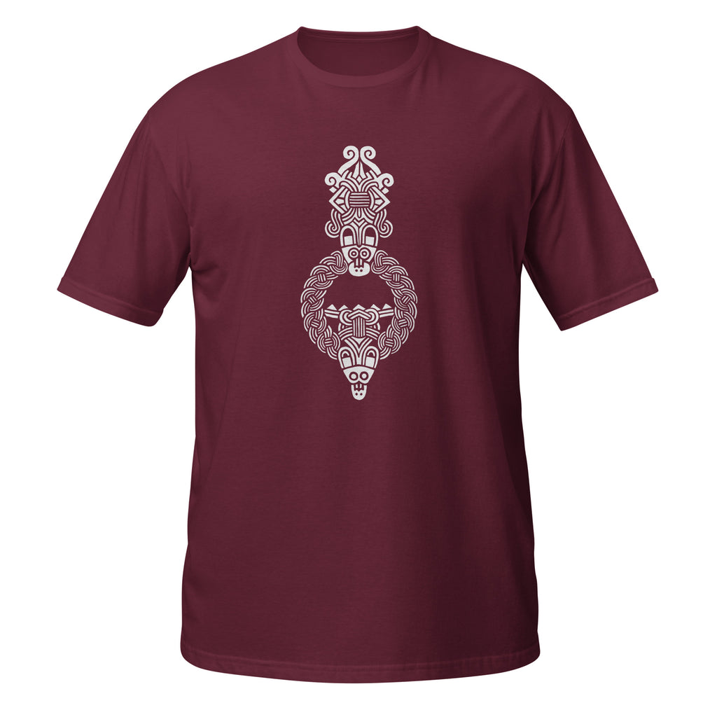 T-shirt bordeau motif viking entrelacs vertical nordique blanc