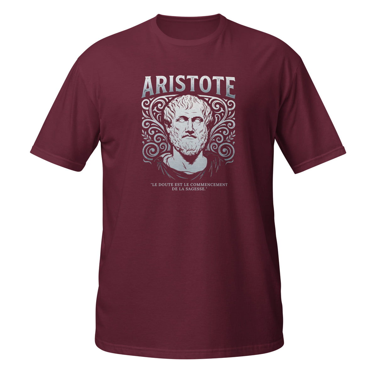 T-shirt bordeaux avec portrait illustré d'Aristote entouré d'ornements décoratifs, avec la citation "Le doute est le commencement de la sagesse"