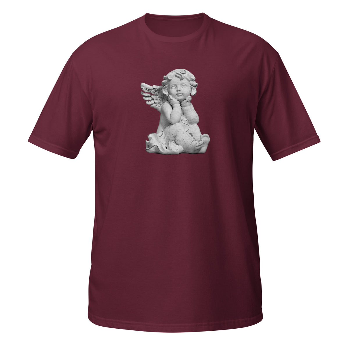 T-shirt bordeaux avec illustration d'une statuette d'angelot en pierre, assis et le menton posé sur les mains, regard tourné vers le ciel