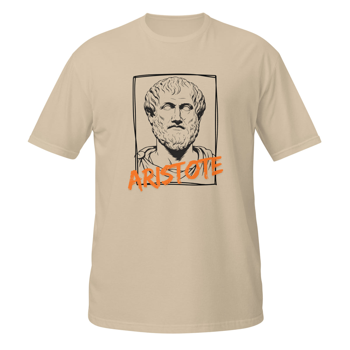 T-shirt couleur sable avec portrait croquis d'Aristote encadré d'un trait dessiné à la main et son nom écrit en typographie graffiti orange