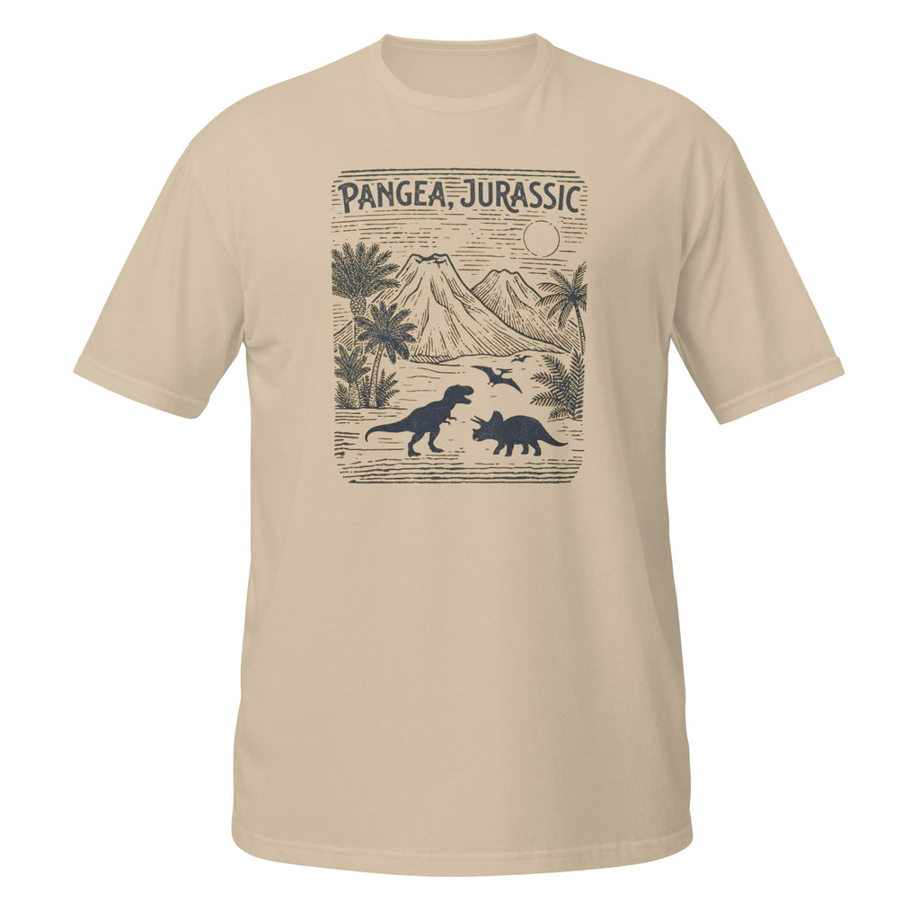 T-shirt beige avec illustration style gravure de T-Rex, Tricératops et volcans, motif "Pangea, Jurassic"