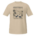 T-shirt beige avec illustration style gravure de T-Rex, Tricératops et volcans, motif "Pangea, Jurassic"